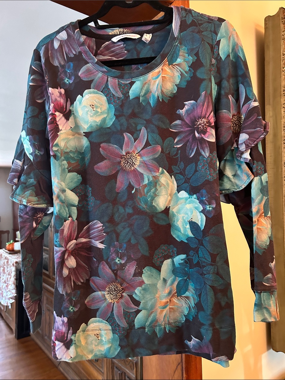 Isaac Mizrahi Teal, Plum & Aqua Floral Ruffle-Sleeve Long Sleeve Top